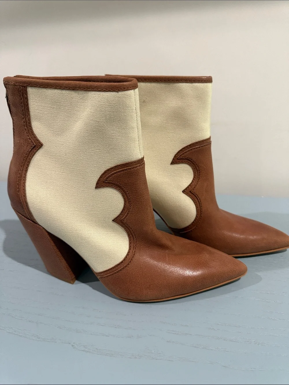 Dolce Vita Cream and Brown Western-Inspired Ankle Booties